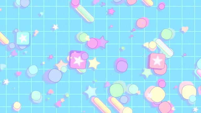 Colorful squares, stars, rounded lines, and circles moving in diagonal direction against pastel blue grid background animation. (loop)