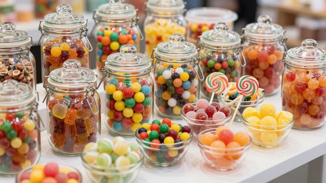 Assorted colorful candies and lollipops in glass jars on a white counter.