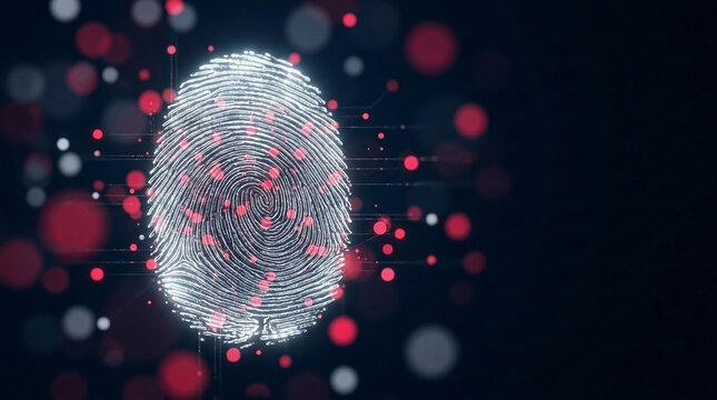 Glowing digital fingerprint with red bokeh lights on dark background, symbolizing identity, security, and data protection for technology concepts