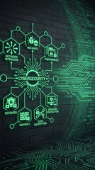 Obraz premium Neon green network diagram on brick wall, showing cybersecurity concepts like malware, ransomware, and data encryption, symbolizing digital protection and security.