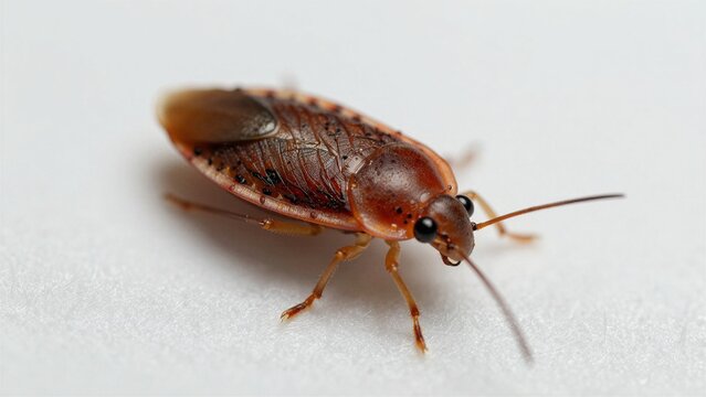 Close-up of a bed bug crawling on a soft-focus white textured surface.