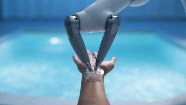 Futuristic robotic arm applying a high-tech wearable sensor device on a human wrist, symbolizing advanced healthcare and human-robot collaboration in a serene blue environment, video footage