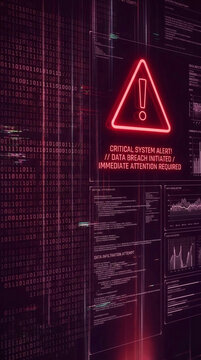 Digital screen displays binary code and alert symbols, indicating a critical system breach and data infiltration attempt, symbolizing cybersecurity threat.