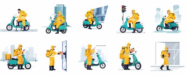 Fototapeta premium Delivery service courier set in yellow raincoat riding scooter and delivering packages during rainy weather, flat vector illustration