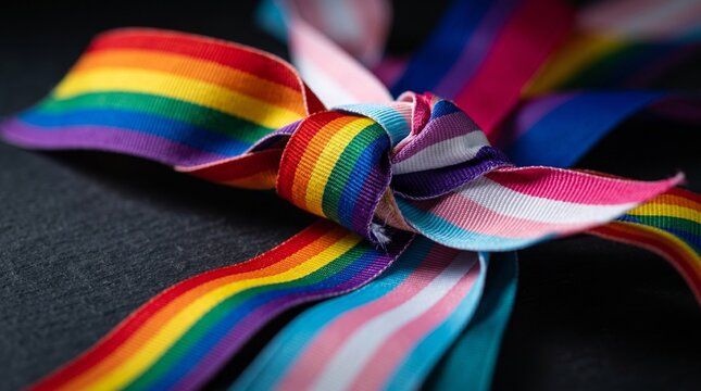 Rainbow and transgender pride ribbons tied in a knot, symbol of intersectionality and unity, LGBTQ+ community support, inclusive pride month concept on dark background.