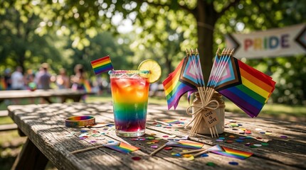 Fototapeta premium Rainbow layered cocktail with pride flag on wooden picnic table, festive outdoor Pride Month celebration with progress flags, confetti, and 