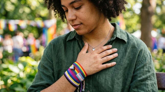 Young non-binary person with pride bracelets and hand on heart at outdoor LGBTQ+ event, emotional portrait of identity, inclusion, and authentic self-expression during Pride Month.
