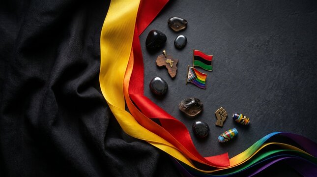 Intersectionality flat lay with Pan-African and Progress Pride flags, Black Power fist pin, and Africa charm on black fabric, celebrating Black Queer identity and social justice.