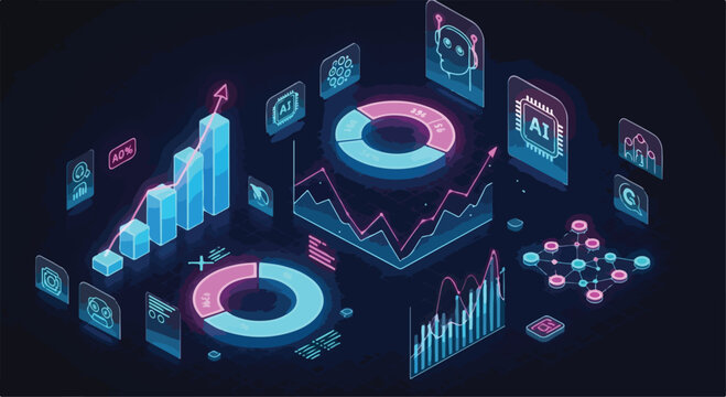 Isometric AI data analytics dashboard, futuristic glowing business charts and financial graphs, neon digital marketing statistics vector illustration