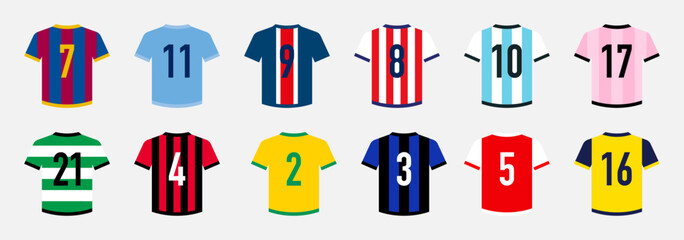 Obraz premium Soccer Jersey Vector Illustration Set. Football Shirt or Soccer Jersey Icons with Shirt Numbers for Soccer Team Lineup. 