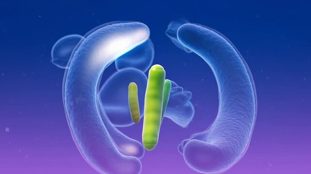 Microscopic 3D animation of phagocytosis showing cellular engulfment, membrane vesicle formation, and internal luminescent reaction representing cellular digestion or immune response