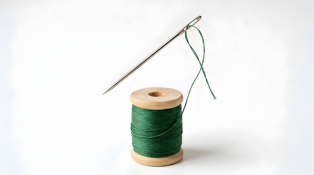 Sewing needle with green thread spool isolated on white
