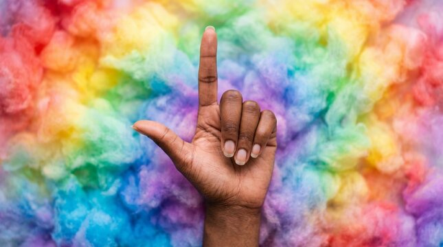 Black hand gesturing against a colorful rainbow smoke background, Pride Month celebration, LGBTQ+ inclusivity, diversity and representation, queer identity, human rights.