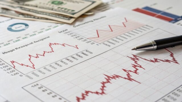 Financial charts and graphs with pen and cash depict unstable financial ecosystem