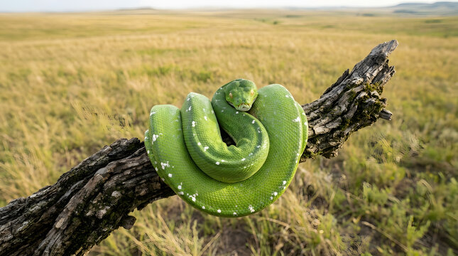 Green Tree Python Coiled on Branch in Savanna Grassland