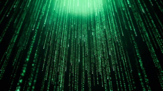 Falling green digital code cascades down a dark background, symbolizing data, technology, and information flow.