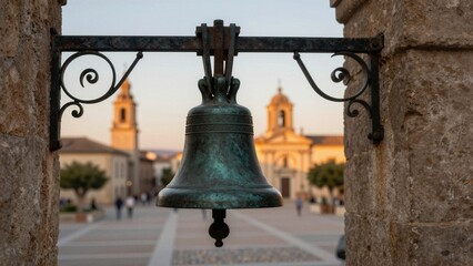 Fototapeta premium An antique bronze bell hangs from a wrought iron bracket attached to a weathered stone wall in an old European town square, with church towers visible in the soft focus background.