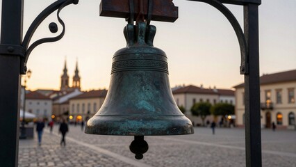 Fototapeta premium Close-up of an aged bronze bell mounted on a wrought iron stand in a European town square at dusk.