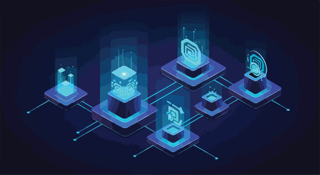 Isometric blockchain technology concept, decentralized data network with glowing digital cubes, futuristic cloud computing infrastructure vector