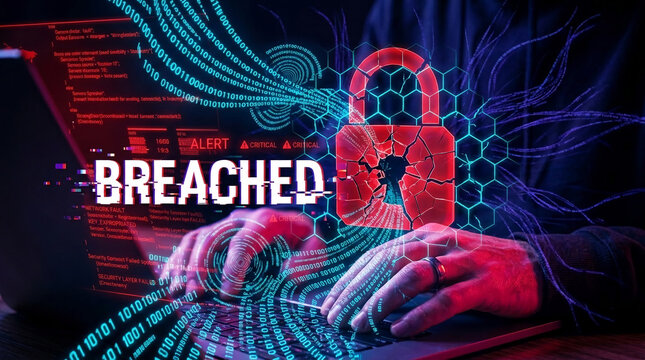A cracked red padlock over binary code and digital interface, representing a cyber security breach and data theft.