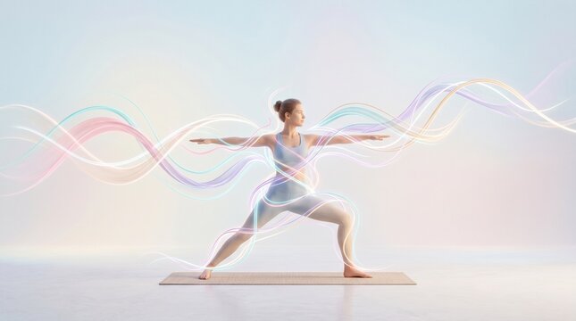 Warrior II yoga pose with ethereal glowing energy waves, woman practicing mindfulness, spiritual flow and wellness concept, vibrant pastel aura, tranquility and vitality.