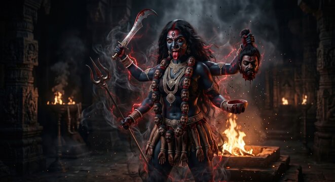 Fierce multi armed goddess kali standing in a dark temple setting with ritual fire and mystical energy surrounding her powerful divine form in this dramatic and cinematic religious art composition