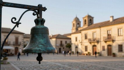 Fototapeta premium Close-up of an antique copper bell on a wrought iron stand, set against the backdrop of a European square with historical buildings and soft focus.