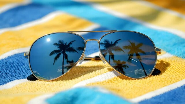 Aviator Sunglasses Reflecting Palm Trees on a Beach Towel.