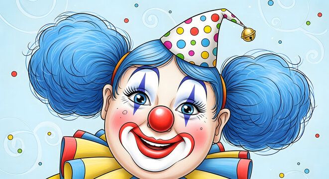 A vibrant and playful clown character illustration with a confetti background, perfect for marketing, logo design, and event promotions