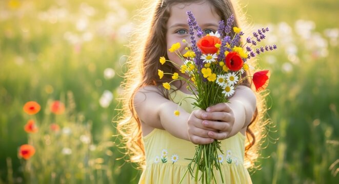 Young girl holding a bouquet of colorful flowers in a field.
