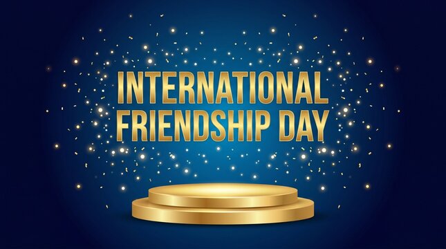International friendship day golden typography with confetti and a presentation podium on a blue gradient
