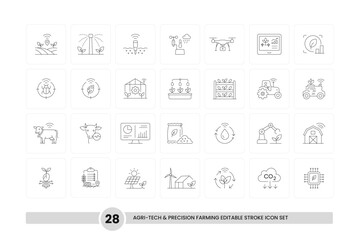 Agri-tech and precision farming editable stroke line vector stock icon set. Smart agriculture and technology symbols © holylayer