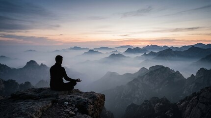 Obraz premium Silhouette of man meditating in lotus pose on rocky cliff edge at sunrise, tranquil misty mountain peaks, spiritual mindfulness journey, yoga day zen peace