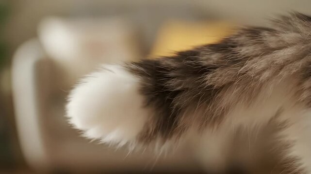 Close up of a fluffy cat paw with white fur and striped tail.