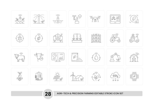 Agri-tech and precision farming editable stroke line vector stock icon set. Smart agriculture and technology symbols