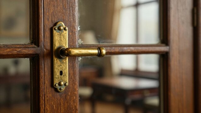 Close-up of a vintage brass door handle and lock mechanism mounted on an old wooden door with glass panels; soft focus background.