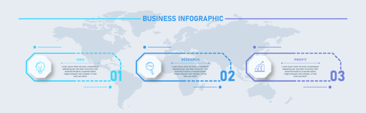 Professional business infographic template featuring three connected process steps with hexagonal elements and world map background