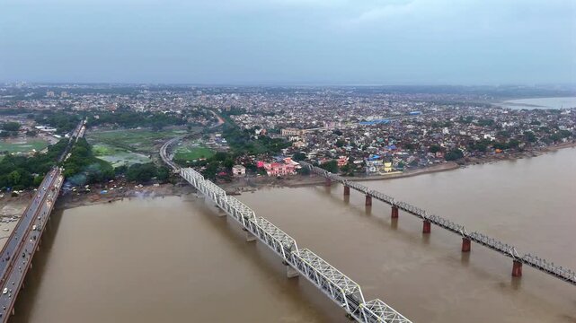Aerial View of Prayagraj Sangam Bridges and Riverfront Uttar Pradesh India