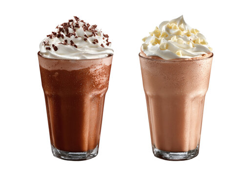 Two Delicious Chocolate Frappes Topped with Whipped Cream and Chocolate Shavings Isolated on White