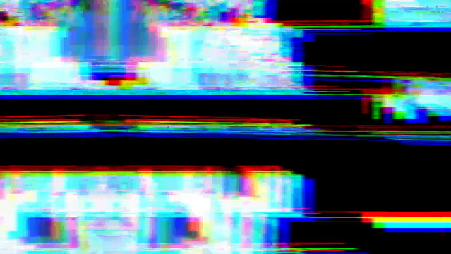 Abstract digital glitch texture on a black background, with distorted neon blue, cyan, green, and purple scan lines, creating a futuristic cyber error effect.