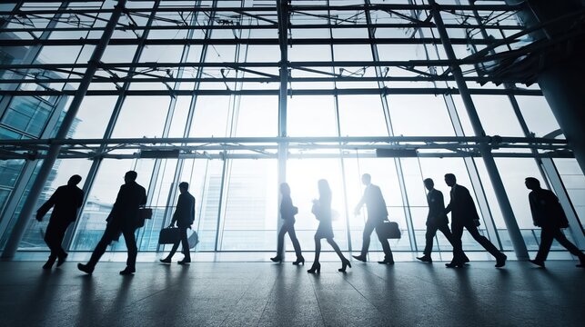 Silhouetted professionals stride through a vast industrial hall bathed in cool gray light. The minimalist architecture and glass framework create a striking corporate scene.