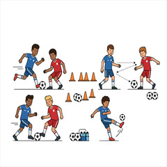 Fototapeta premium Cartoon illustration of soccer players practicing drills and teamwork skills
