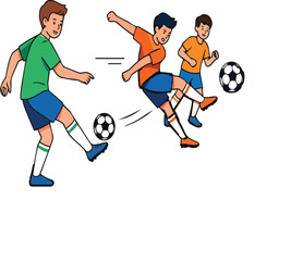 Fototapeta premium Cartoon illustration of three young boys playing a lively soccer game