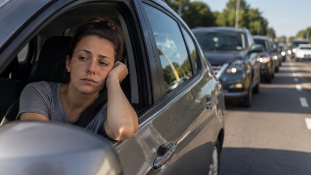 Looking out from her car window, a young woman appears bored and weary as she leans on her arm while stuck in a long line of highway traffic