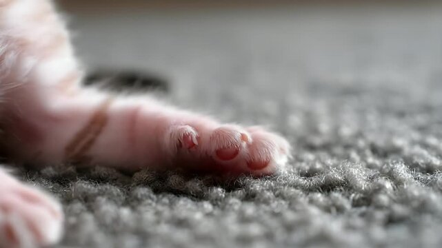 Close-up of a cute kittens paw resting on a soft carpet.