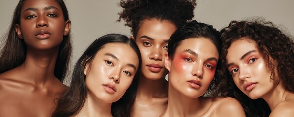 Obraz premium A photorealistic beauty portrait of five diverse women highlights glowing skin and natural makeup. High-end editorial style captures harmony and radiant complexions.