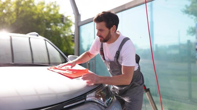 A caucasian man in overalls meticulously polishes the hood of a car with an orange microfiber cloth on a sunny day