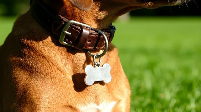 Close-up of a dogs neck with a leather collar and bone-shaped tag.