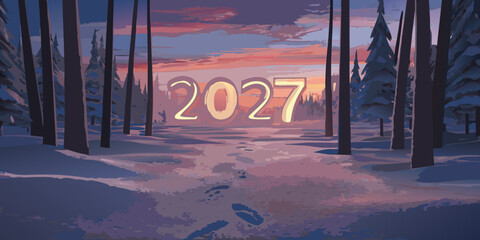 Snowy forest scene with glowing year two thousand twenty seven illustration © Etika