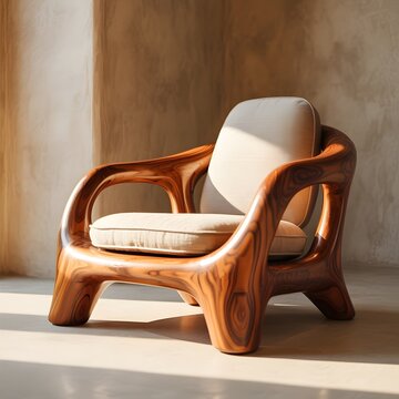 Organic Wooden Armchair: A beautifully crafted wooden armchair with flowing, organic lines and a comfortable cushioned seat sits in a room with soft, natural light, evoking warmth and modern design.